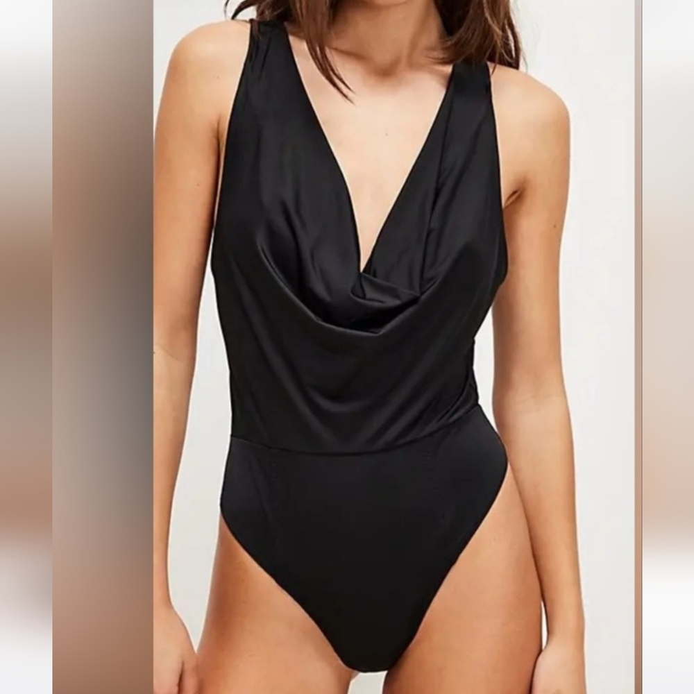 Free People When & Where Laurel Oak Bodysuit  Drapey Sleek Sleeveless Black
